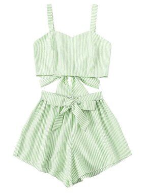 SweatyRocks 2PC Summer Green Stripe Matching Set Tank And Shorts Lightweight S